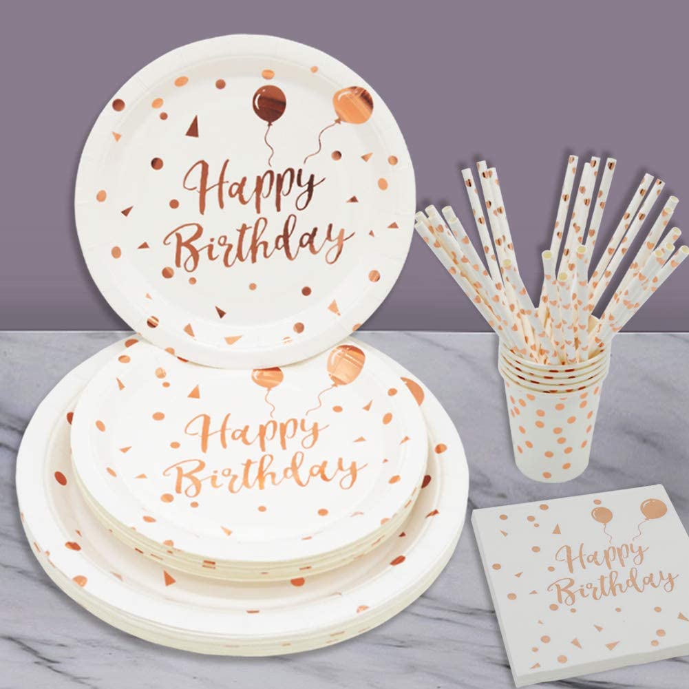 125 Pcs White and Rose Gold Birthday Plate Set Rose Gold Plates Napkins and Cups Sets for Birthday Party Baby Shower